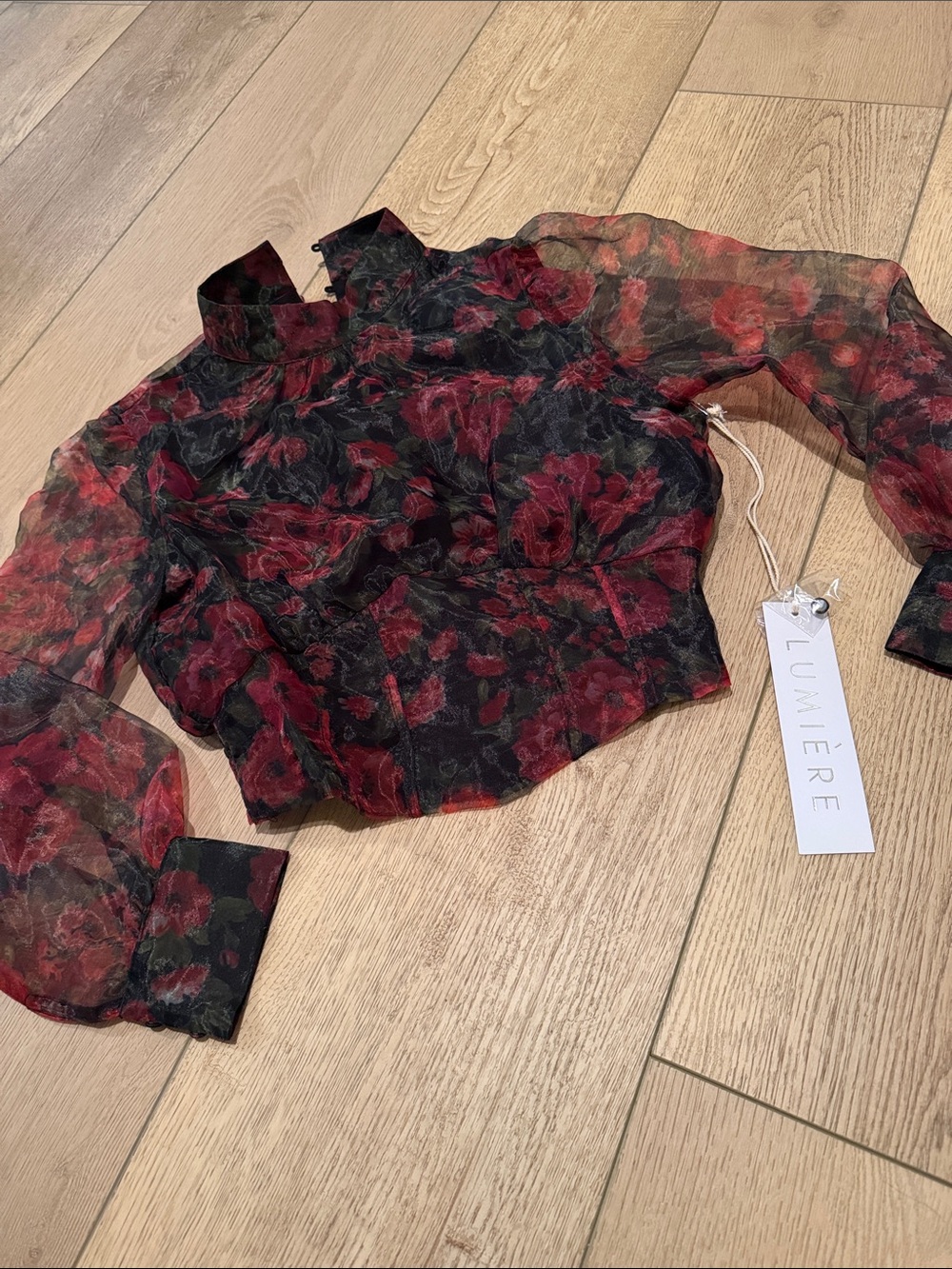 Lumiere Black Sheer Long-Sleeve Crop Top with Red Floral Print
